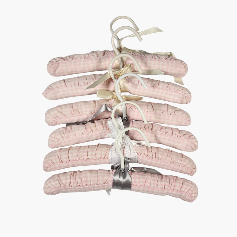 Baby Padded Hangers Set of 6 Pink Gingham Check Satin Bow Cottagecore